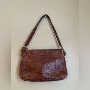 Fossil Brown Alligator Print Leather Credit Slots 2 Zippers Shoulder Mini Vtg